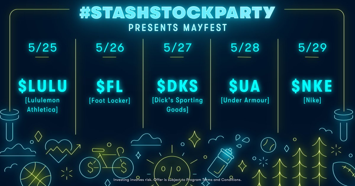 #StashStockParty presents May Fest.
🧼🧹🗑🦸🏾‍👩‍👧‍👦💐🐛🌻🥕👟🎽🚲
---------------------------------------
• 4:00 PM ET M-F (stsh.app/party)
• Bring +1s to boost the $$$
• Follow <a href="/Stash/">Stash</a> to stay in the know
---------------------------------------
⬇️⬇️Week 4: Athletics⬇️⬇️