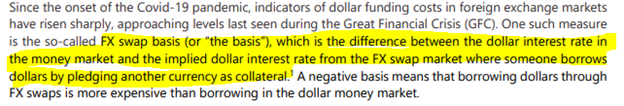 In a crisis the risk premia for foreign investors increases, they withdraw funds & foreign borrowers scramble for US dollars to continue to meet their debt obligations. For example, the FX swap basis widens, which is a measure how hard it is to swap your currency for dollars.