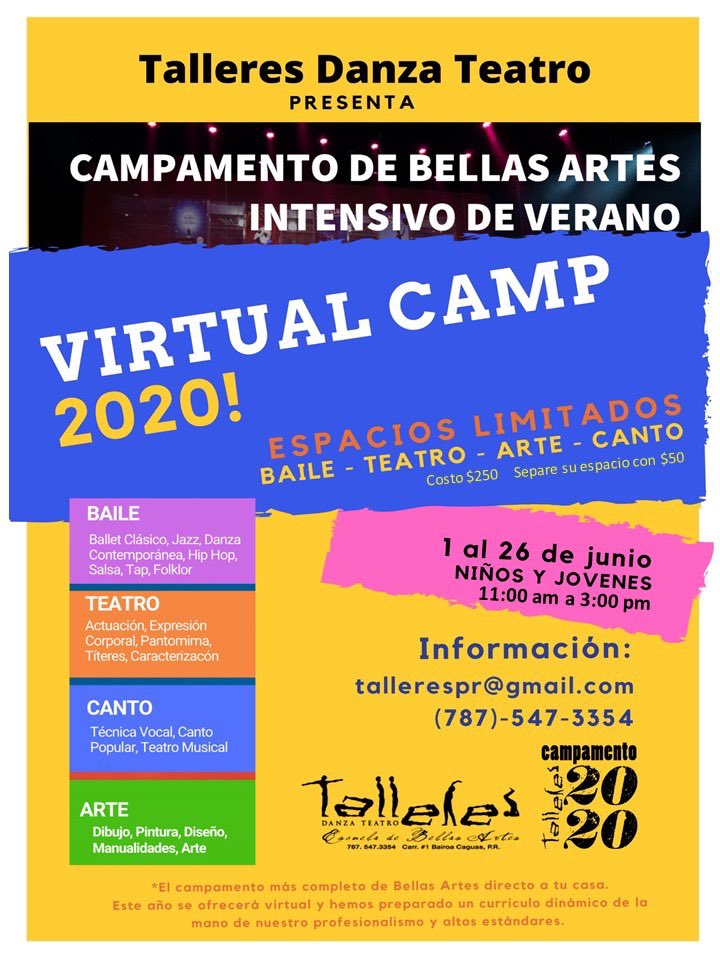 Talleres Danza Teatro te ofrece su Campamento de Bellas Artes Virtual
Fechas: 1 al 26 de junio de 2020 
Edades: 6 a 15 años
Costo: $250
Detalles en: bit.ly/2X1kEoj
#campamento #verano #bellasartes #veranovirtual #Ad
