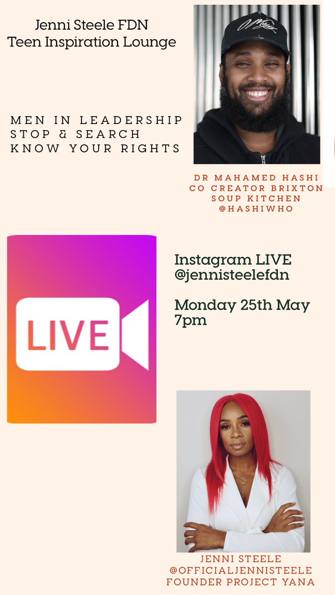 ProjectYANA17's tweet photo. Tonight 7pm only on Instagram
LIVE Catch @Jenni_Lioness and @DrNBYP #TheTeenInspirationLounge
Live: @JenniSteeleFDN Instagram #MenInLeadership #StopAndSearch #KnowYourRights https://t.co/8po5W4Ph0P