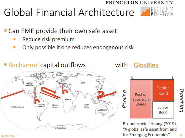 The idea is that in times of crisis the safer tranches could see inflows even while investors might flee riskier tranches, reducing total EM outflows.  https://scholar.princeton.edu/markus/publications/global-safe-asset-and-emerging-economies