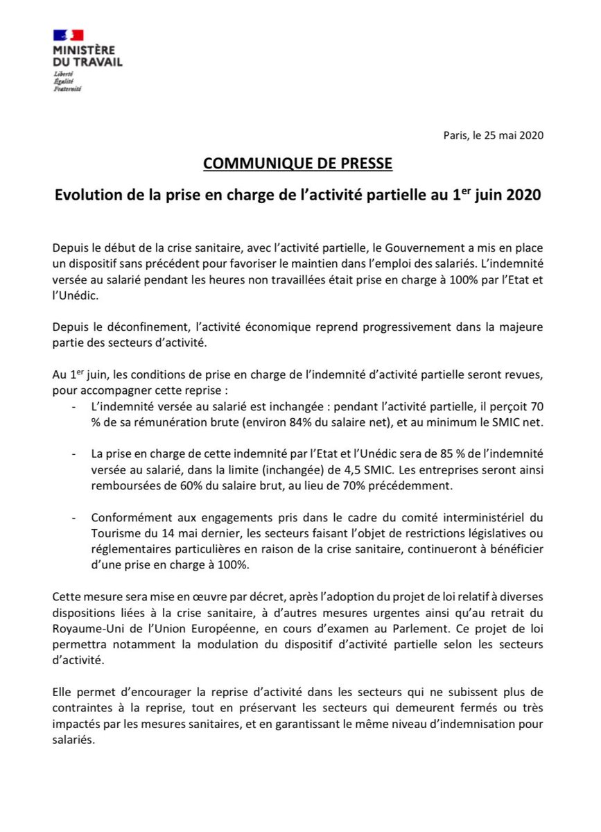 murielpenicaud's tweet photo. Le chômage partiel accompagne la reprise de l’activité. Au 1er juin
▶️L'entreprise sera remboursée par l'Etat à 85% (100% pour secteurs fermés administrativement)
▶️L'indemnité du salarié ne change pas: 100 % du net au SMIC ou moins, 84 % au-dessus.
L’emploi est notre priorité. https://t.co/r4i9CUOm4n