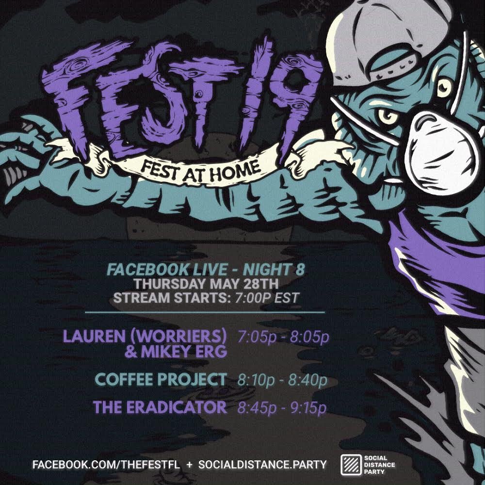 This Thursday join us for #festathome featuring <a href="/worriersmusic/">WORRIERS✨Lauren D</a> <a href="/Mikeyerg/">Mike Yannich</a> <a href="/coffeeprojectfl/">Coffee Project</a> &amp; <a href="/TheEradicatorSC/">The Eradicator</a>. Tune in at 8pm ET and join the party 🎉
