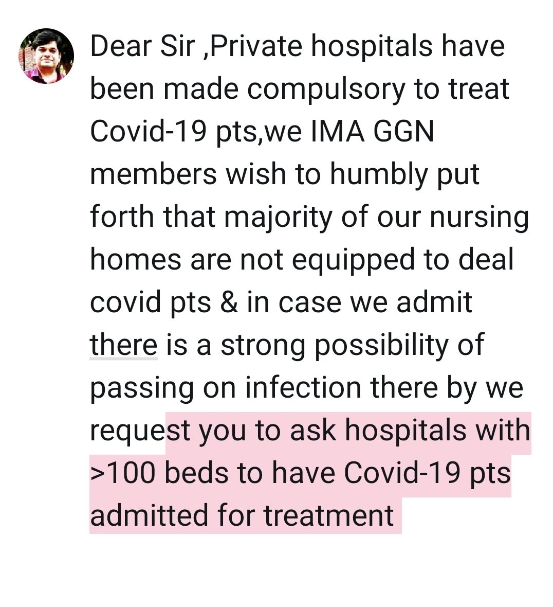 <a href="/DC_Gurugram/">DC Gurugram</a> 
Sir, Humble appeal on behalf of IMA Gurugram medical fraternity members headed by our worthy President Dr MP JAIN  ( attached )