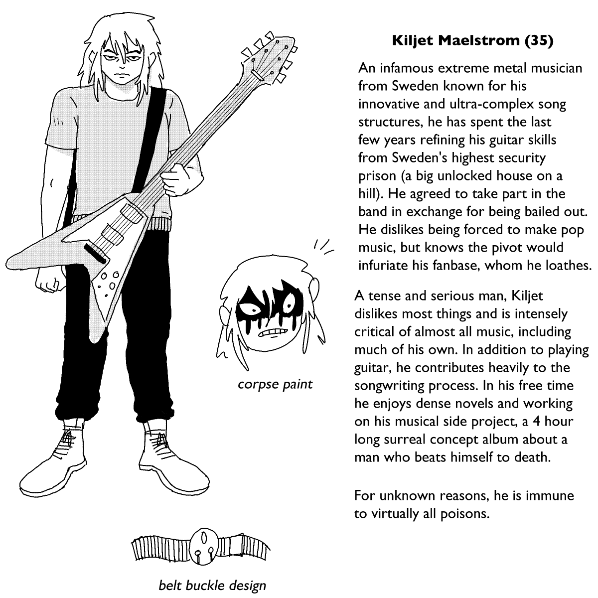 I've been watching a lot of Metalocalypse lately, and thought it would be fun to design my own fictional band as character design practice. I got a little more into it than I thought, so here's this (1/2) 
