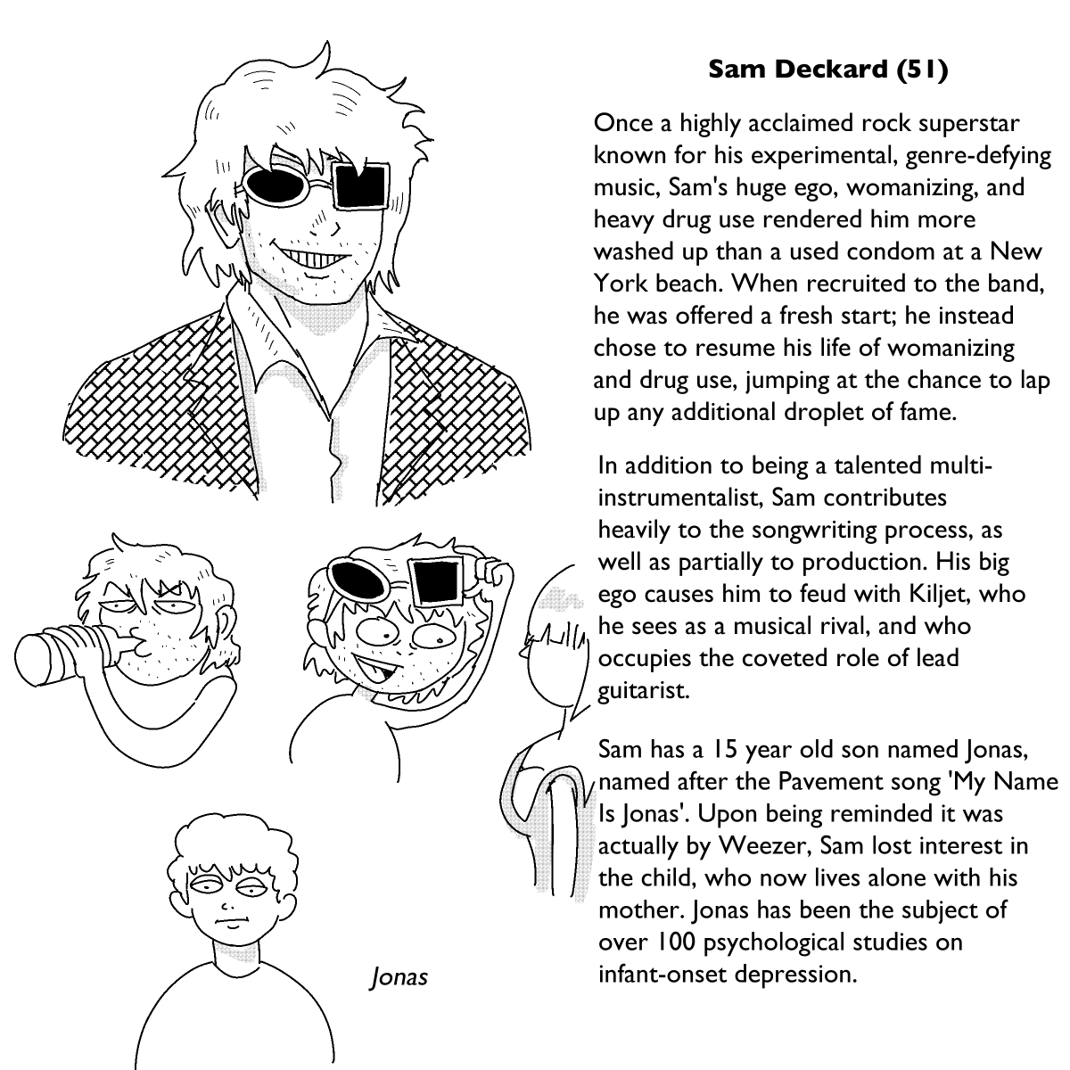 I've been watching a lot of Metalocalypse lately, and thought it would be fun to design my own fictional band as character design practice. I got a little more into it than I thought, so here's this (1/2) 