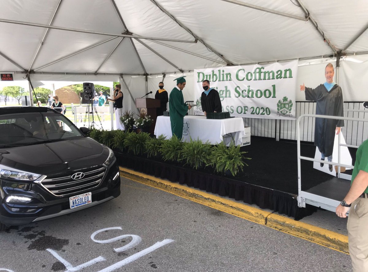 Coffman2020's tweet photo. 🎓A BIG THANK YOU to Mr. Ulring, Dublin City Schools &amp; everyone at Coffman High School for putting this Virtual Ceremony &amp; Diploma Pickup all together! It turned out to be a beautiful sunny day🌞for the drive-thru diploma pickup! 💚We Love You!🖤@DublinCoffmanHS  #DCSClassof20 https://t.co/8zcC7mo8DP