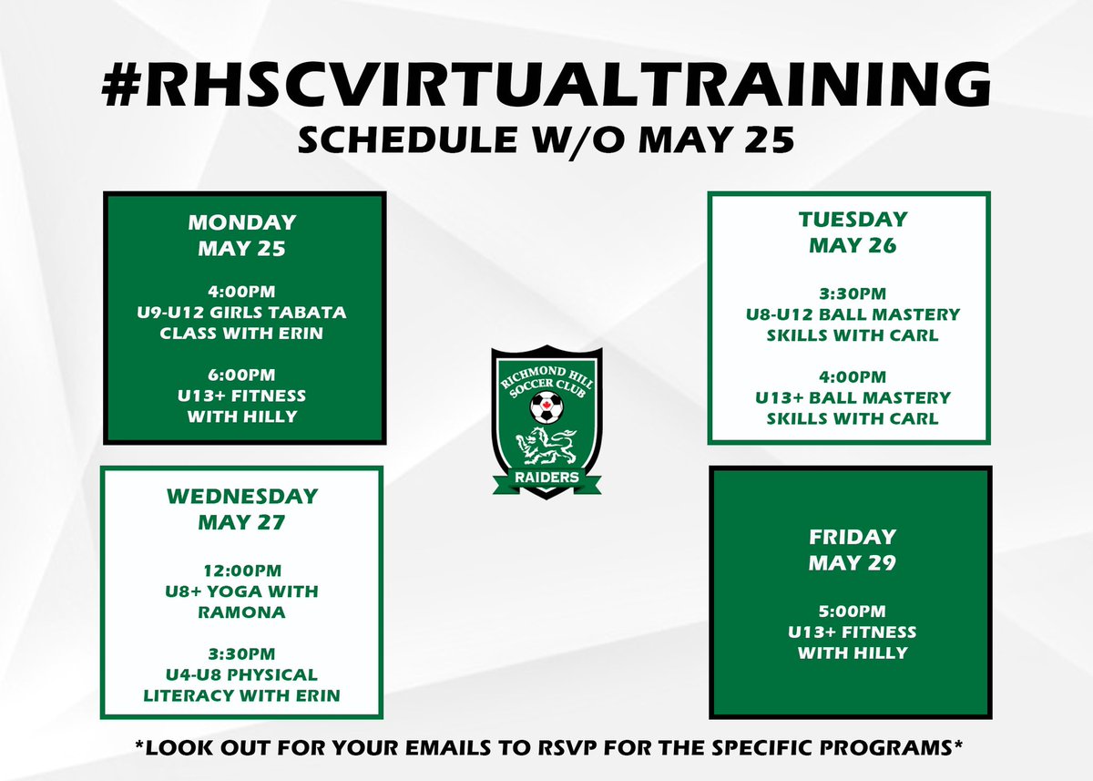 RHSoccerClub's tweet photo. Check out our FULL schedule of #RHSCVirtualTraining for this week! 💻 We are doing our best to continue to serve all of our customers online while we are all at home staying safe. Don’t forget to look out for your emails to RSVP for the specific programs! ⚽️ #RHSC #DareToDream https://t.co/OgJm3iUr9q