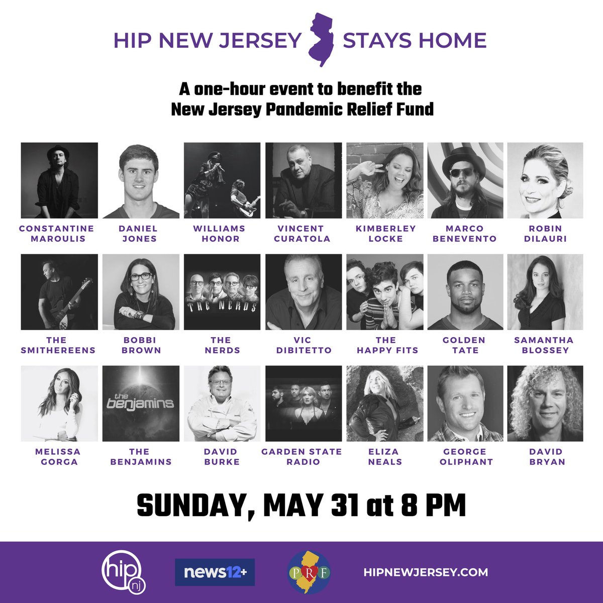 Watch #HipNewJerseyStaysHome on <a href="/news12/">News 12 New York</a>+ Sunday, May 31 at 8 PM! All proceeds raised benefit <a href="/NJ_PRF/">New Jersey Pandemic Relief Fund</a>. 

For info: hipnewjersey.com/watch-hip-new-…