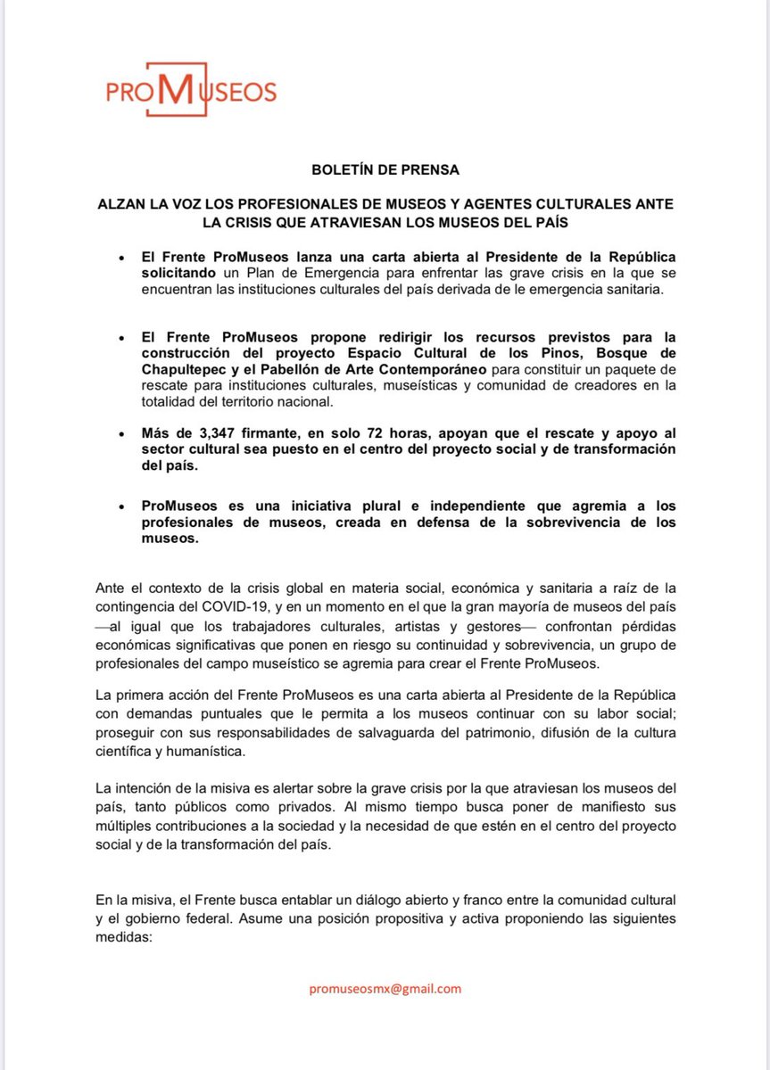 karlaiberia's tweet photo. IMPORTANTE:
Posicionamiento de miembros de la comunidad cultural y artística de México por crisis en Museos. Piden Fondo de Rescate. Firman cientos: #ProMuseos https://t.co/jDSy398BrV