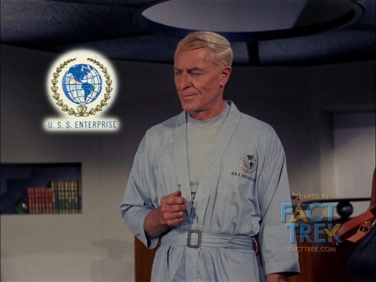 A second, barely seen emblem is what we’ll call the United Earth logo, which is embroidered in gold and dark thread on Dr. Boyce’s smock in the 1st  #StarTrek   pilot (“The Cage”) and smaller on the unworn hat of  #CaptainPike.  #StarTrekSNW