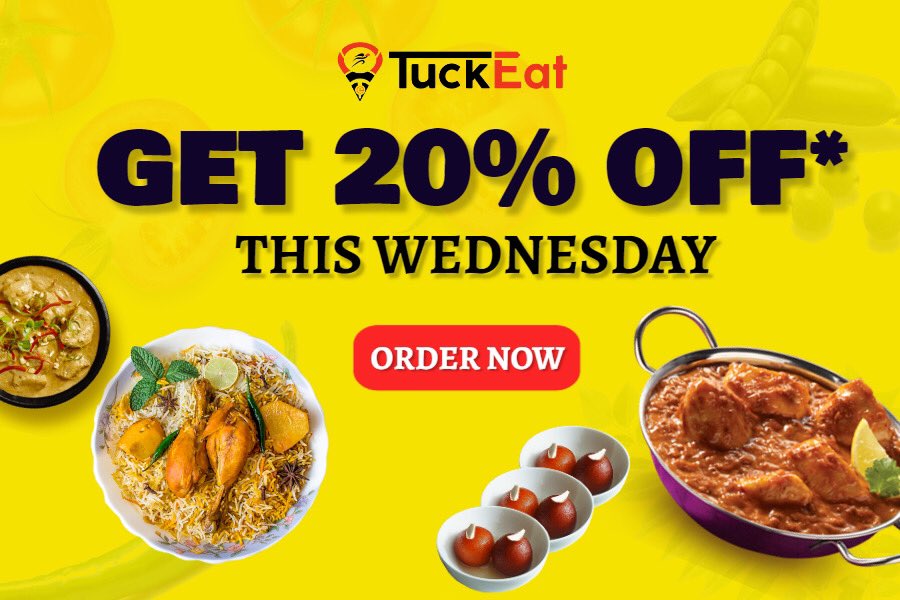 tuckeat's tweet photo. Whatβs Your Wednesday Snack ?? Well weβve got some Chicken tikka ,Biryani , Kebab,Paneer butter masala and many more π€€ sound delicious ? Taste even more delicious
Coz this Wednesday we are Giving 20% OFF on all orders.. only on #TuckEat https://t.co/jPCEwVYKjM https://t.co/tqg1JF5II5