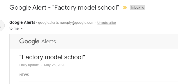 Funny story. OK. So. I have a google alert set up for "factory model schools." Mostly it's so I can see how people are using it and if it's seeping into new corners of the discourse.