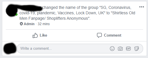 GHaerther's tweet photo. My nephew @caleburg59 has been deep undercover for the past month earning the trust of a 5G causes Coronavirus @Facebook Group. They made him an admin and then he made his move. Introducing the new page "Shirtless Old Men Fanpage/ Shoplifters Anonymous" @commentiquette https://t.co/yDpJoLztBg