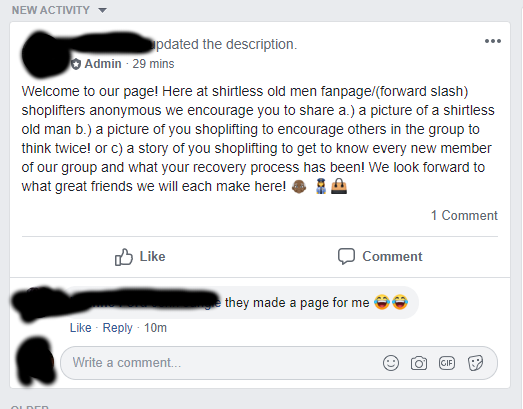 GHaerther's tweet photo. My nephew @caleburg59 has been deep undercover for the past month earning the trust of a 5G causes Coronavirus @Facebook Group. They made him an admin and then he made his move. Introducing the new page "Shirtless Old Men Fanpage/ Shoplifters Anonymous" @commentiquette https://t.co/yDpJoLztBg