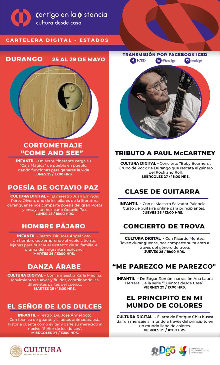 cocosotoalanis's tweet photo. El @iceddgo @gobdgo continúa y los invita a disfrutar #ProgramaCulturalVirtual a las 13 y 18 hrs todos los días
@cultura_mx @Jano_Sofo @loreportillodgo @radioUJED @VinculaCultura @MexicoesCultura https://t.co/orYOYUFQiZ