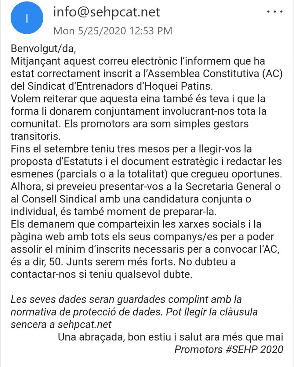 🤝Som ja 22 inscrits! 
💻 Aquest és el correu electrònic de confirmació (no és automàtic) que rebreu tots els inscrits. Avisem que és possible que estigui a la carpeta d'spam.
📲 No deixem de compartir aquesta proposta de sindicat per arribar als 50 abans del 5 d'agost.