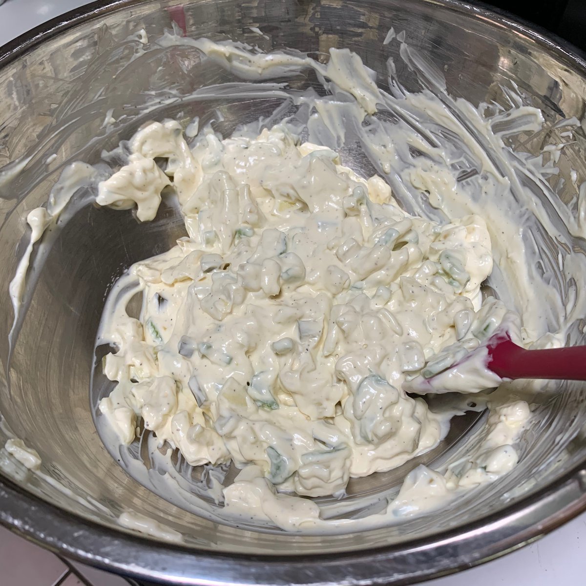 After talking with my wife, I ended up using a tablespoon of mustard, but one and a half (heaping) teaspoons of horseradish. I asked her to salt and pepper it to taste, as I am definitely not good with that. Time to mix it all together, separate it, then add the scallions. 28/