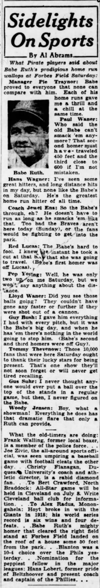 Al Abrams' Pittsburgh Post-Gazette column collected  #Pirates' responses to Babe Ruth's game: