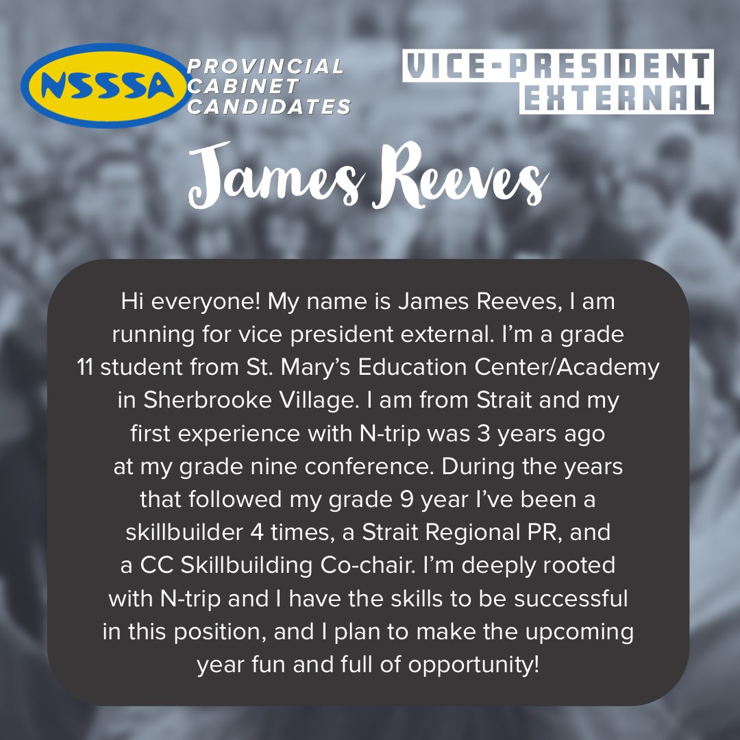NSSSA's tweet image. James Reeves is running for Vice-President External!