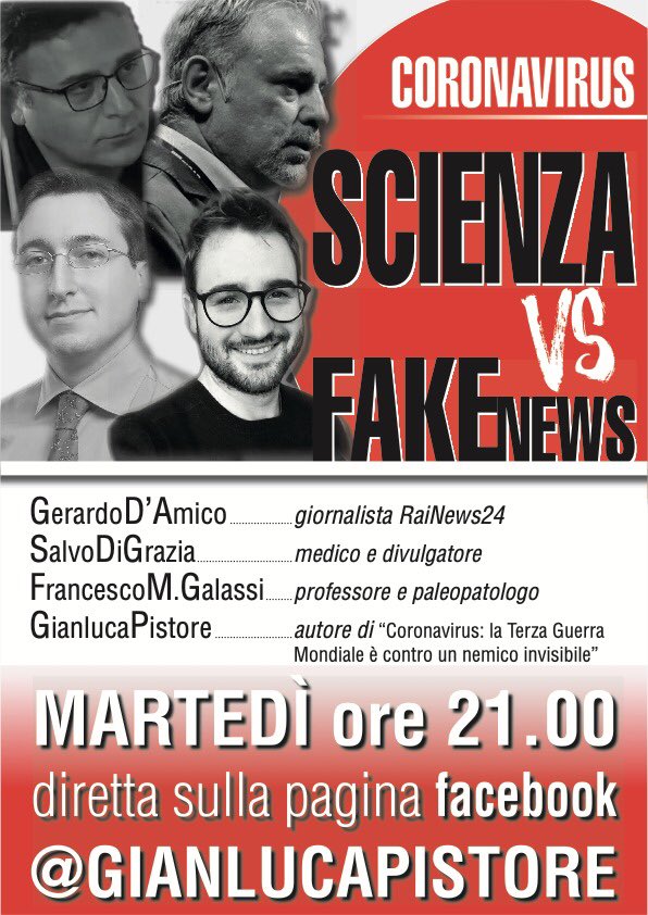Domani sera ore 21 live Facebook con <a href="/MedBunker/">Salvo Di Grazia</a> @GerardoDAmico <a href="/DrFMGalassi/">Francesco M. Galassi</a> coronavirus: scienza vs FakeNews. Una chiacchierata imperdibile, potrete fare domande in diretta. Sulla mia pagina facebook: facebook.com/gianlucapistore