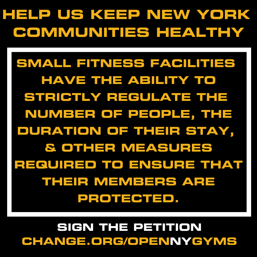 Anthony Renna (@scpodcast2007) on Twitter photo Small fitness facilities have the ability to strictly regulate the number of people, the duration of their stay & other measures required to ensure that their members are protected.
We're not big box gyms. Please sign & help us get the word to <a href="/NYGovCuomo/">Archive: Governor Andrew Cuomo</a> change.org/OpenNYGyms Small fitness facilities have the ability to strictly regulate the number of people, the duration of their stay & other measures required to ensure that their members are protected.
We're not big box gyms. Please sign & help us get the word to <a href="/NYGovCuomo/">Archive: Governor Andrew Cuomo</a> change.org/OpenNYGyms