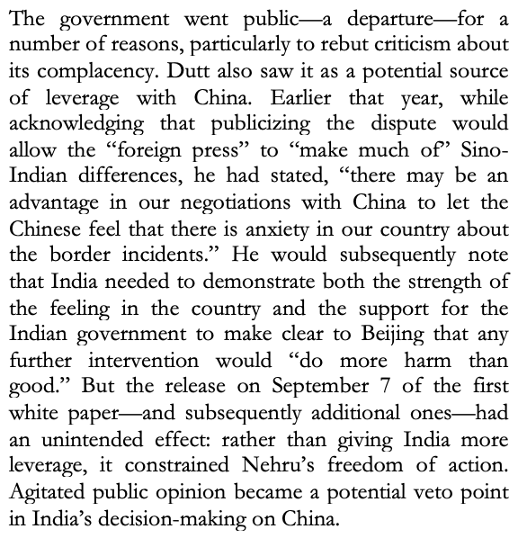 Delhi's had experience w/ how going public can make issue w/ China tougher to resolve/control. Nehru's public stmts in the lead-up to the 1962 war are often mentioned. But, this from my book, also notes the impact of the '59 release of  white paper  https://bit.ly/2zjKFp  18/
