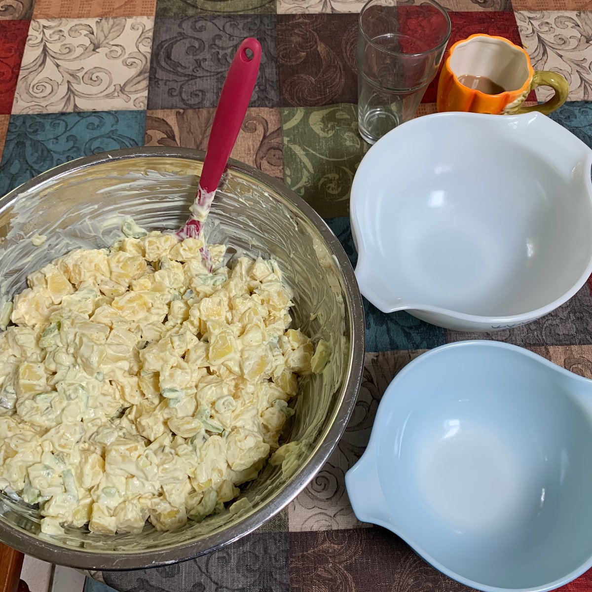 All mixed. Time to separate. These two bowls were my grandmother's. We received them after she passed away. The scallions will be added to the batch going in the smaller one.