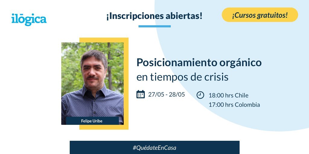 ilogica's tweet photo. Hoy abrimos las inscripciones para el curso que dictará Felipe Uribe sobre «Posicionamiento orgánico en tiempos de crisis», el cual comenzará el 27 de mayo a las 18:00 hrs. Chile - 17:00 hrs. Colombia. 📌
Link de inscripción https://t.co/nYE9ZF69A8 https://t.co/P4M9ywiM8P