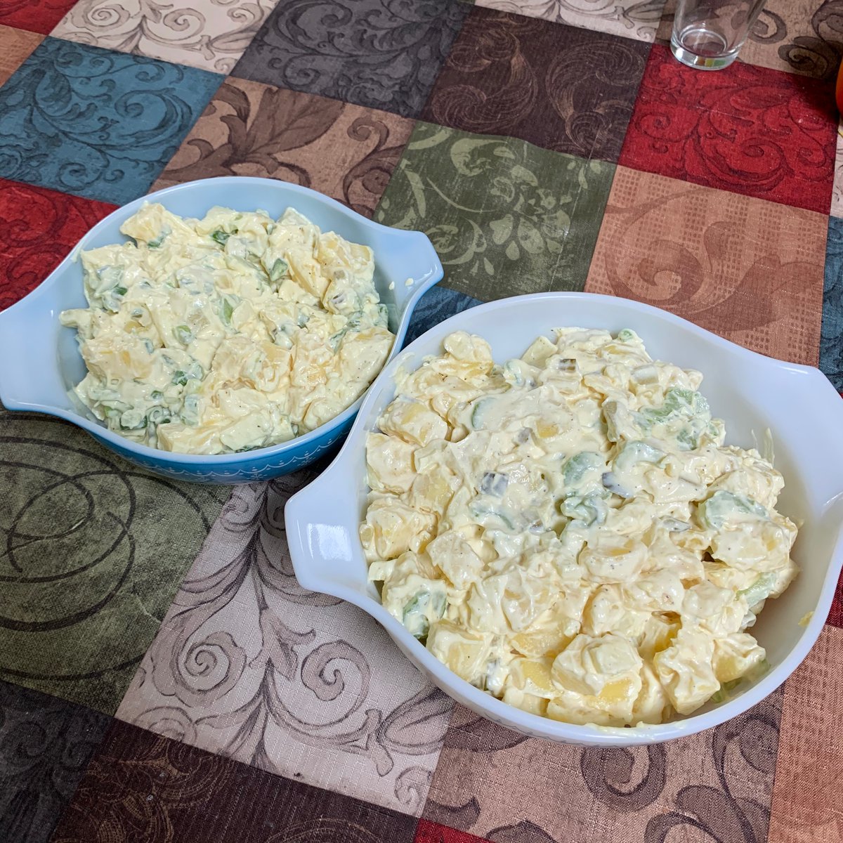 All done. One with scallions, one without. My wife stood near me as I cut the scallions and said "yum." She really missed having onions in her potato salad. Now into the fridge. The taste taste will be this afternoon, when we have it with our hot dogs and burgers. 32/