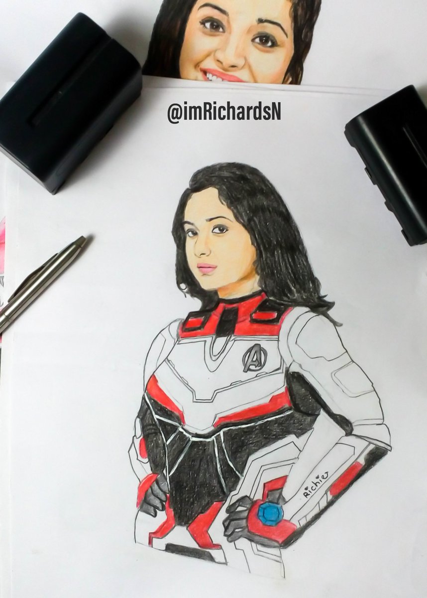 My first drawing of kitty as  #Avenger member   @KeerthyOfficial Sheet size : A4