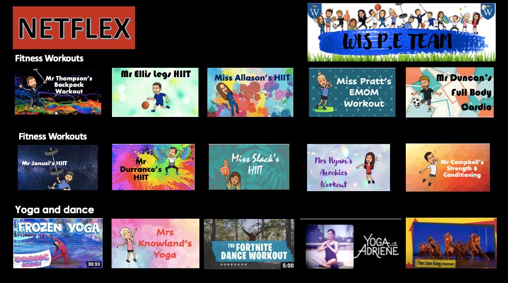 s_physed's tweet photo. Amazing idea from @miss_wiggin for ‘Netflex’! Using her template I have  created a personalised GWIS Netflex for our students using videos from the P.E team! Thank you! @PE4Learning @PEgeeks https://t.co/jic7sk8Aca