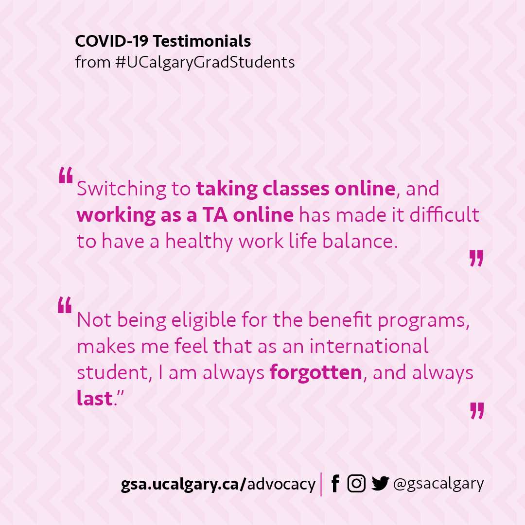 GSACalgary's tweet photo. Thank you for everyone who has taken the time to share their COVID-19 stories. It will inform our advocacy efforts. Below are how students are being impacted by COVID-19 in their own words. #UCalgarygradstudents #UCalgary
👉Send us your COVID-19 stories: https://t.co/CbuffZjwlK https://t.co/teKF9KUM0P
