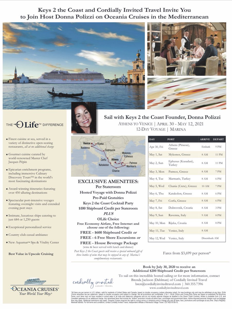 Keys2theCoast's tweet image. 12 day voyage from Athens to Venice on a small luxury ship. Airfare is included. Who wants to go April 30- May 12? Travel@keys2thecoast.com #vacation #travel #K2TC #oceania #europeantravel