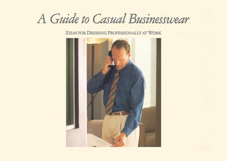 In 1992, Levi's put together a pamphlet that showed young professionals in Levi's products, leading with their struggling Dockers khaki brand, called it "A Guide to Casual Businesswear", and sent it to 25,000 HR departments across the US.