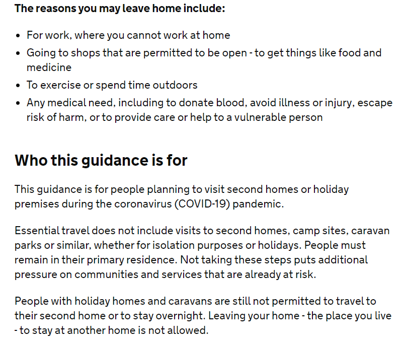 The government guidelines about using second homes for isolation. That's a no. https://www.gov.uk/government/news/covid-19-essential-travel-guidance