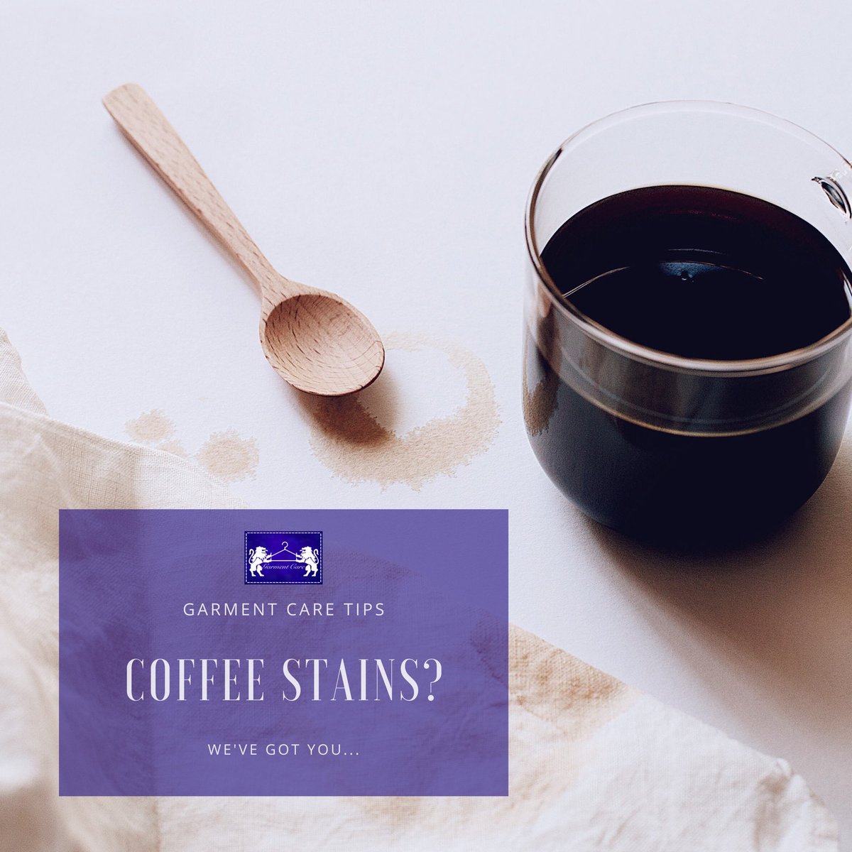 GarmentCareLTD's tweet photo. Coffee mishap?
Blot with a paper towel/tissue then cover with salt, baking soda or baby powder to draw out stain. Rinse with cold water and treat area with detergent that will be used for laundry.
For silk & other delicate fabrics bring it to your professional cleaners. #GCTips https://t.co/zoXAIyQClE