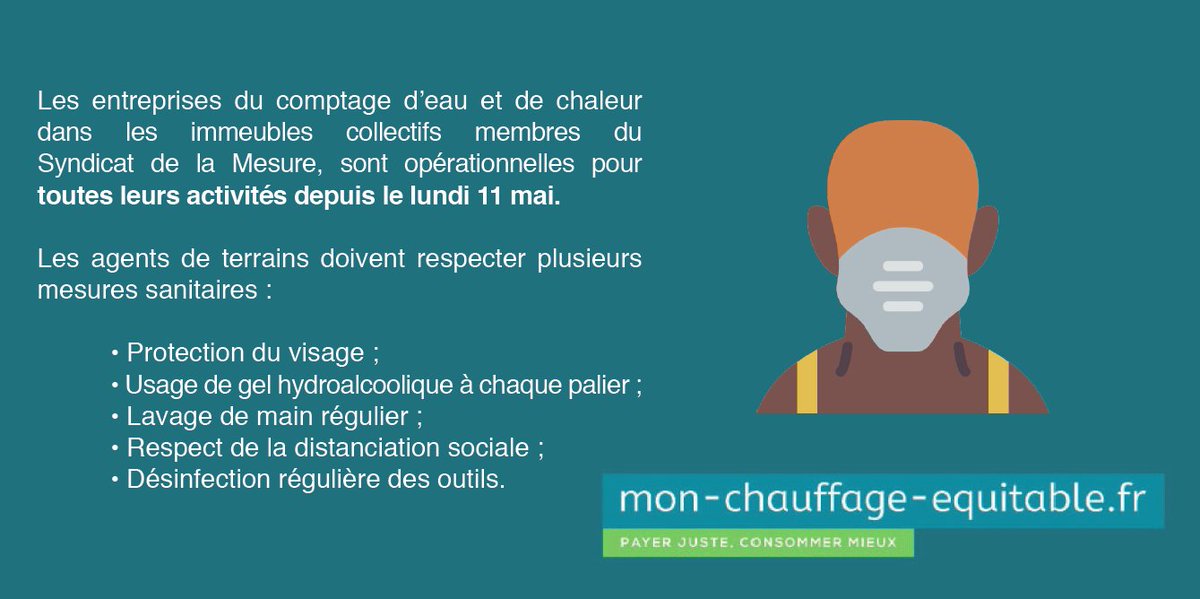 Depuis le 11 mai, les entreprises du Syndicat de la Mesure assurent l'ensemble de leurs activités, y compris les interventions non urgentes en logement✅
Découvrez les dispositions sanitaires prises pour assurer la sécurité des intervenants et occupants
➡️mon-chauffage-equitable.fr/2020/05/25/les…