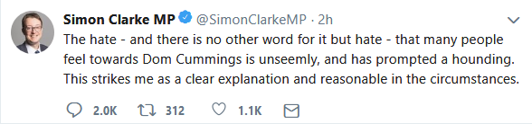 Time for a second round of "which Tory MPs came to bat for Dominic Cummings on social media", this time off the back of his press conference. Tonnes of them! Buckle in.(You may notice a lot of similar wording.)1. Kevin Hollinrake2. Simon Clarke3. Mark Spencer4. Ben Bradley