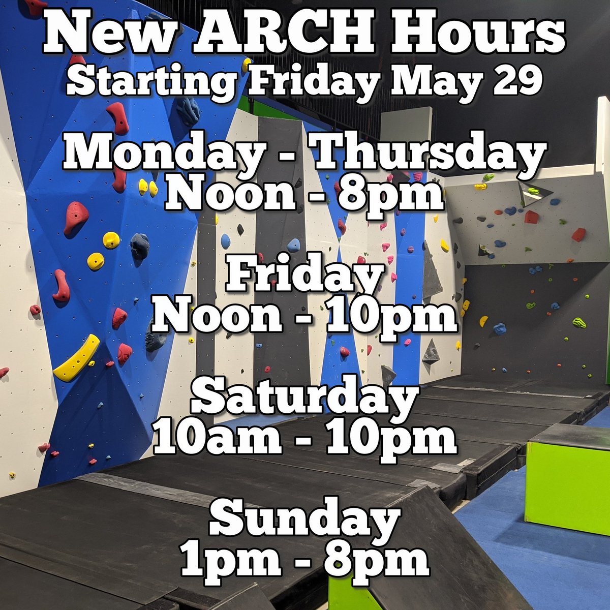 New Hours start May 29! We are now located inside AMP'd Adventure Park at 5461 McKenna Square! We look forward to seeing you! #ClimbAmarillo