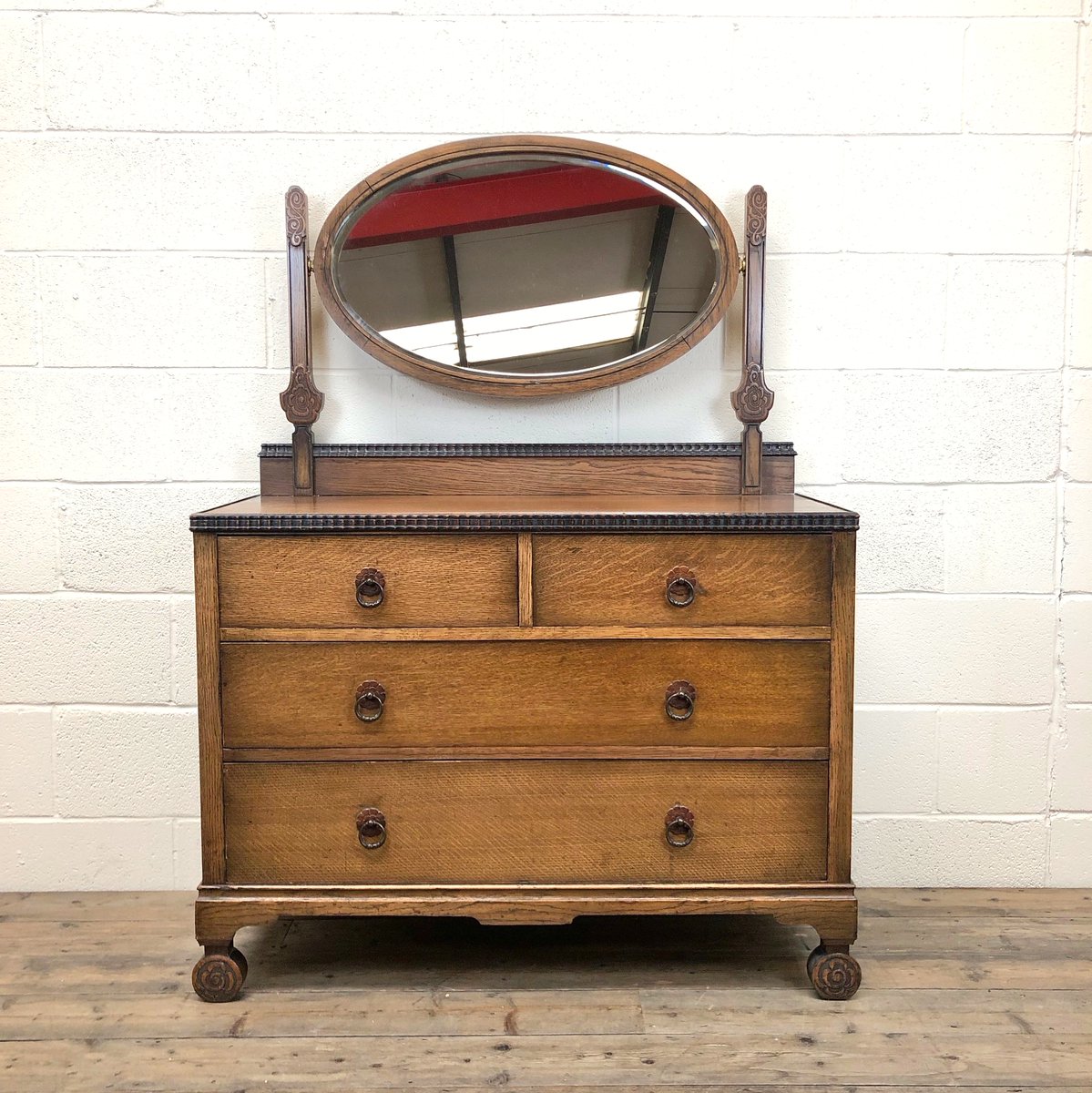 IT'S ALL IN THE DETAIL ...  This Arts and Crafts dressing table chest with oval swing mirror is a true elegant piece with flower carving detail to the feet and mirror supports. 
Now available online at soo.nr/Ny9P #antiques #dressingroomideas #dressingroominspo #style