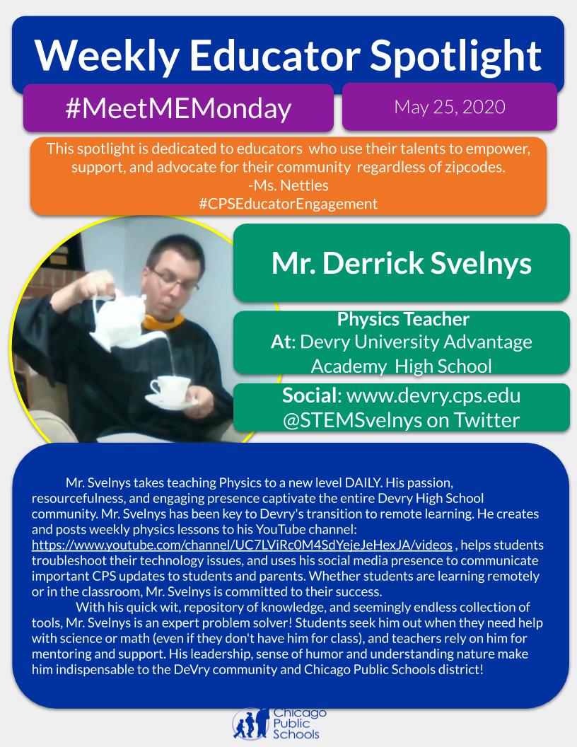 CpsEducator's tweet photo. What better way to celebrate #MemorialDayWeekend than to shout out these THREE #STEM Motivational Educators for #MeetMEMonday! Keep inspiring &amp; engaging our @ChiPubSchools communities creatively, Ms. Pender-Bey, Mr. Svelnys, &amp; Mrs. Laurin! #ThankATeacher #STEMeducation https://t.co/bYofTOWsVt