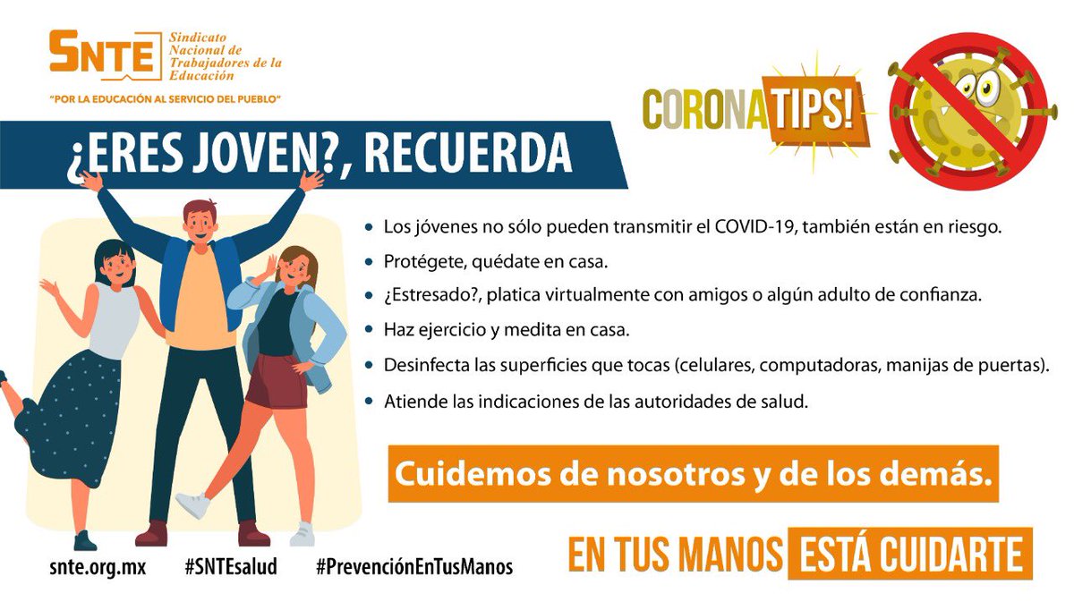 Snte42's tweet photo. #SNTEsalud ⚕️

ATENCIÓN 🚨 #QuedateEnCasa Estamos en fase de alto contagio ⚠️🗣️⚠️ de #coronavirus #COVID19 🦠 Respetar la #Cuarentena sobre todo si eres joven: Evitar contagiarte y ser transmisor 👤🔛👥

#25DeMayo #MisPlanesdelaSemana #GobiernosDeAcción Wradio #salimosmasfuertes https://t.co/wLaCurMq7A
