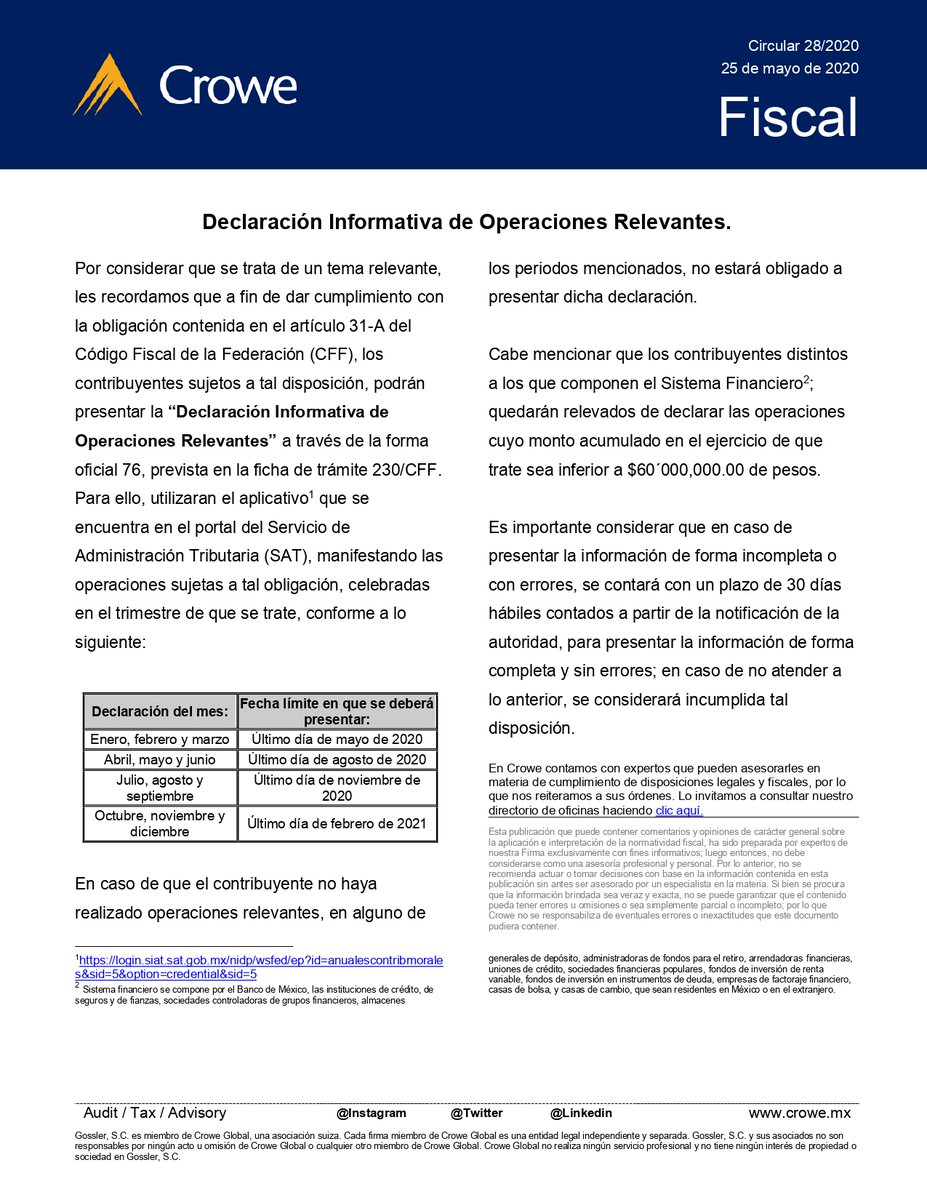 CroweFiscalMx's tweet photo. Consulta nuestra #CircularFiscal respecto a la presentación de la declaración informativa de operaciones relevantes #WeAreCrowe #CroweMéxico https://t.co/NzZdMGQD7l