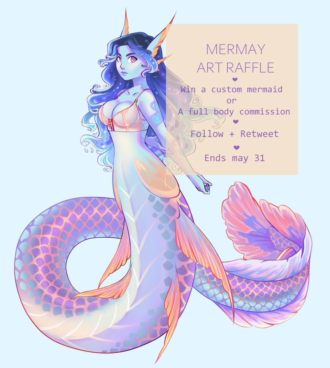🧜 Its time for a #mermay #artraffle  🧜‍♀️ 

Prize includes either: 
🧜‍♀️One Custom mermaid design 
OR 
🎨one regular commission of any topic or person you choose 

💙RULES 💙
-Follow, Like &amp; Retweet 
-(optional) Tag someone! 
-Ends midnight on the 31st of May