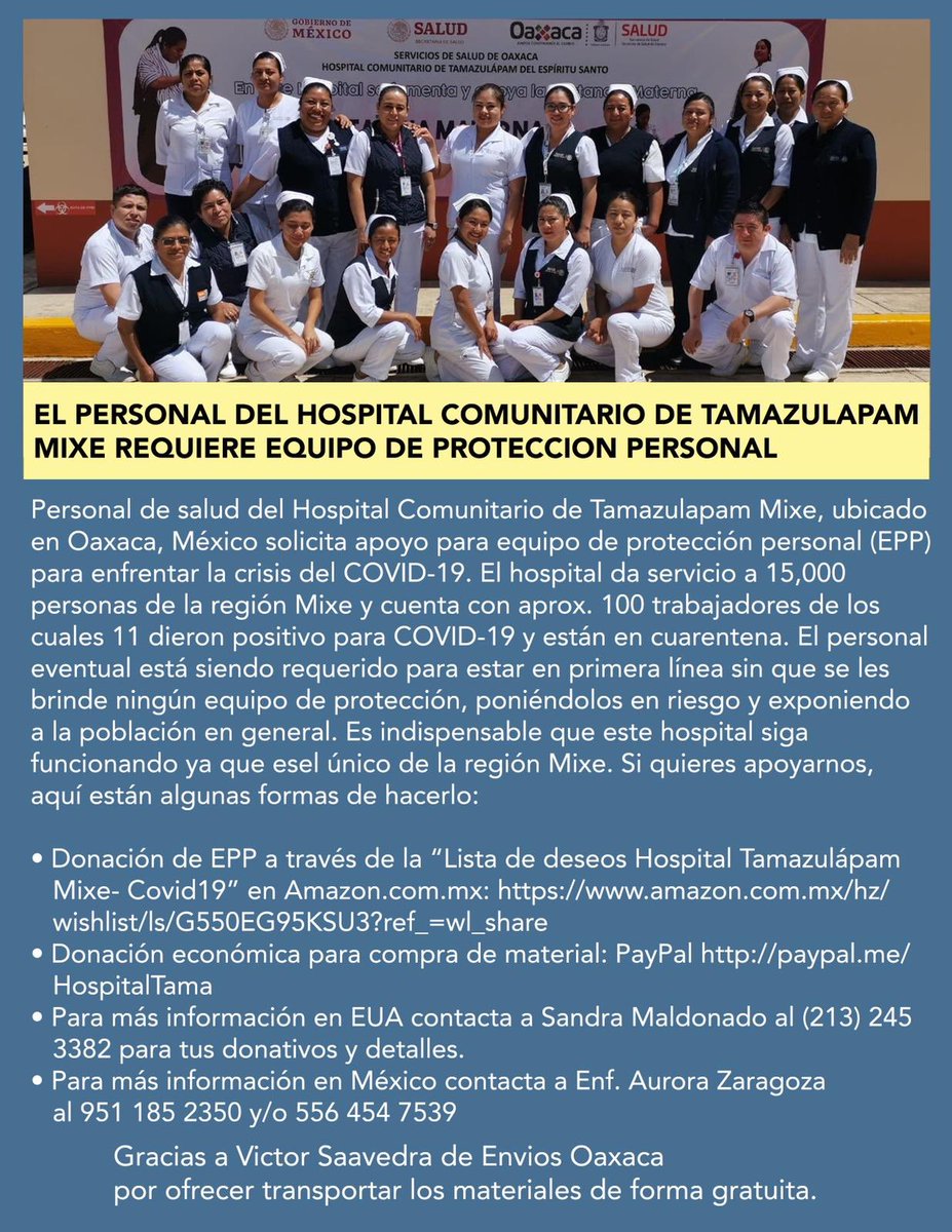 tania_eulalia's tweet photo. Ante #Covid_19 personal d salud del Hospital Comunitario de #TamazulapamMixe #Oaxaca, solicita #apoyo para equipo d protección personal (EPP). El hospital da servicio a 15,000 personas d la región Mixe y no tienen EPP! Lee el flyer, sigue el hilo para apoyar! #HospitalTamazulapam https://t.co/rGromwu5Q4