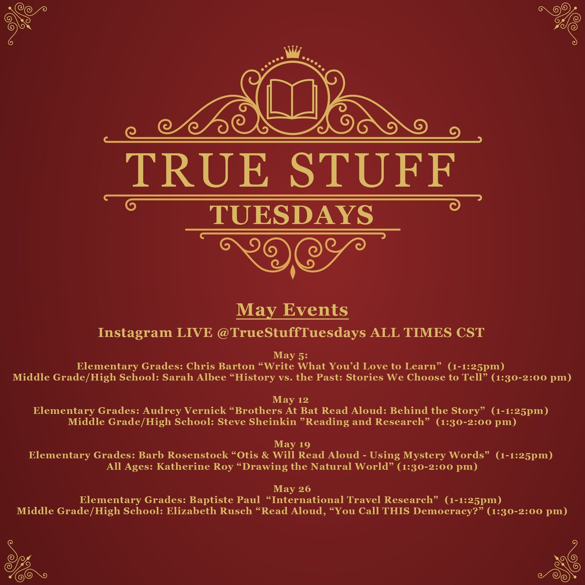 candacemfleming's tweet photo. This week @TrueStuffTuesdays on Instagram LIVE . . .

TUESDAY, MAY 26
1:00 - 1:25 CST
“International Travel Research" w/ @baptistepaul
 
Elementary Grades

1:30 - 2:00 PM CST
“Read Aloud, “You Call THIS Democracy?” w/ @elizabethrusch
Middle/High School

And sharing June schedule! https://t.co/HQ60N57pzP