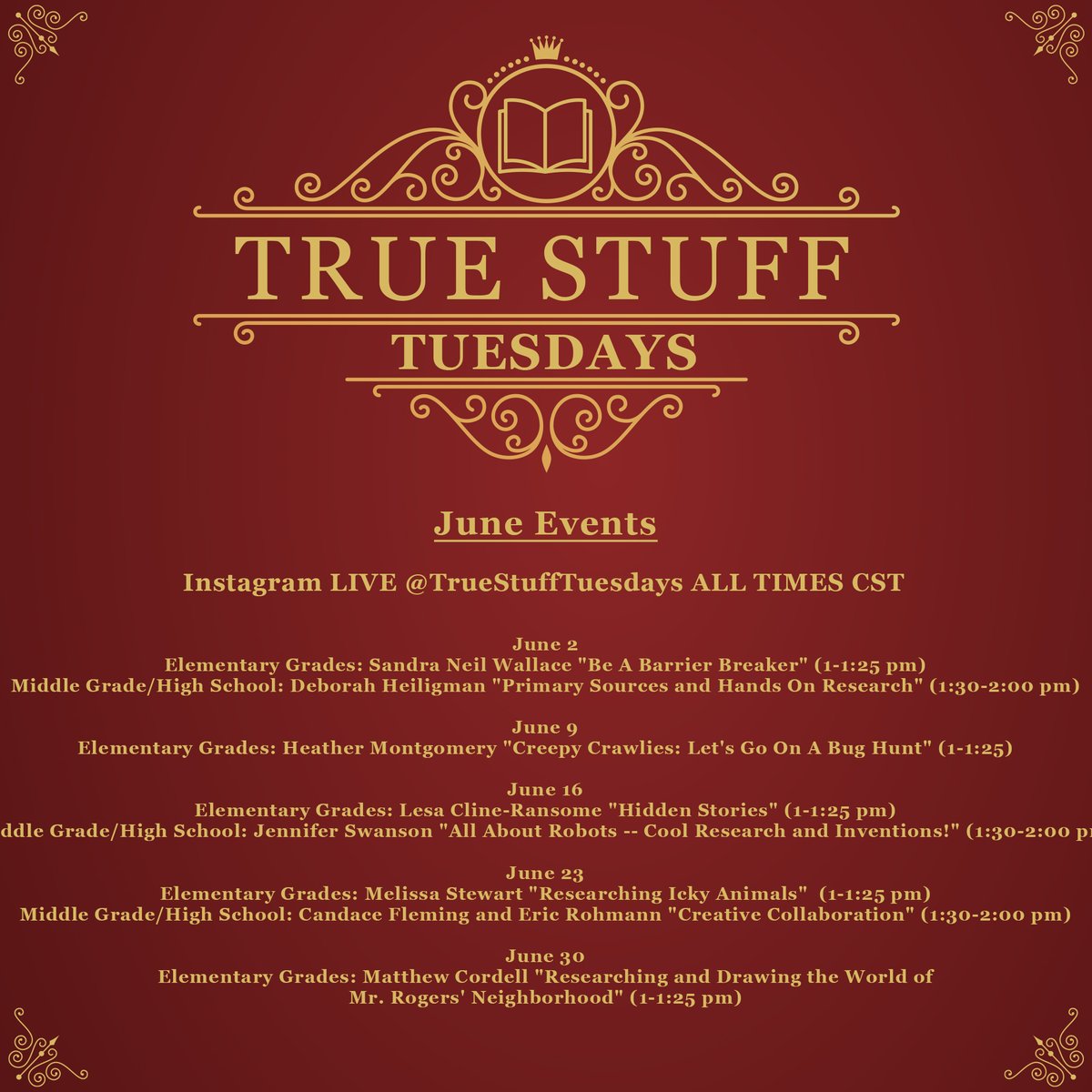 candacemfleming's tweet photo. This week @TrueStuffTuesdays on Instagram LIVE . . .

TUESDAY, MAY 26
1:00 - 1:25 CST
“International Travel Research" w/ @baptistepaul
 
Elementary Grades

1:30 - 2:00 PM CST
“Read Aloud, “You Call THIS Democracy?” w/ @elizabethrusch
Middle/High School

And sharing June schedule! https://t.co/HQ60N57pzP