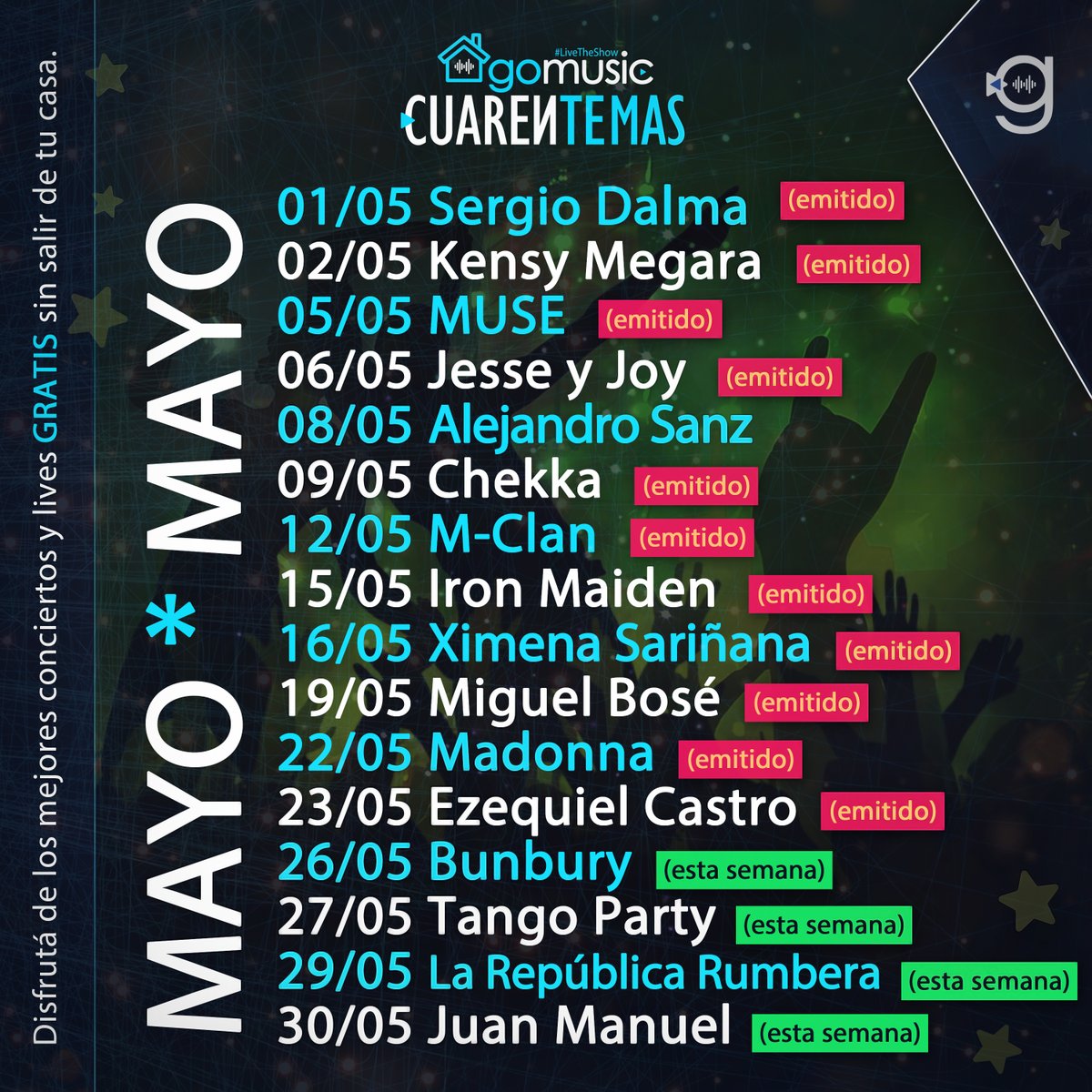 ¡No te pierdas los próximos estrenos del Festival! #Cuarentemas
🤩👇
Latam: gomusic.la/cuarentemas
España: gomusic.eu/cuarentemas
#LiveTheShow  #QuedateEnCasa
#Streaming #Live #Conciertos #Music #LiveMusic 
#Musica #SeguimosConectados
