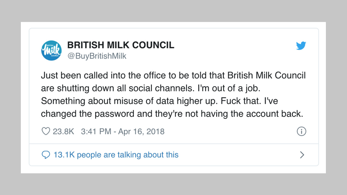 sqwarkr's tweet photo. And the British Milk Council got locked out of their own Twitter account. https://t.co/jGNgtFKJmE